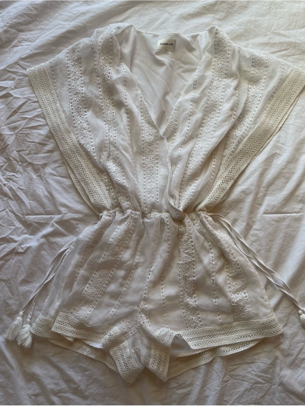 Sugarlips White Lace-Trim Romper with Drawstring Waist